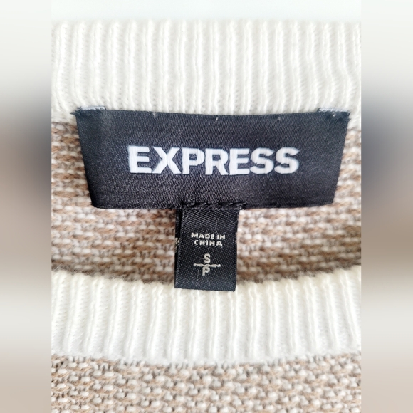 Express Men's 100% Cotton Knit Crew Neck Striped Sweater Biege/White Small - Picture 2 of 16